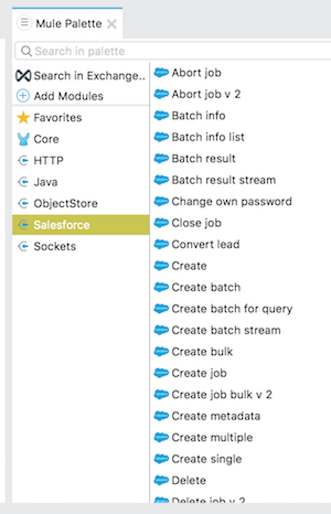 Anypoint Studio でリストされた Salesforce Connector およびその操作