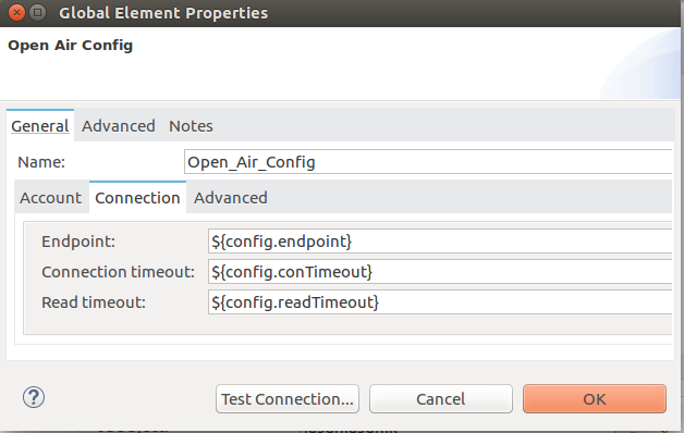 [Connection (接続)] タブの [Global Element Properties (グローバル要素プロパティ)] ウィンドウ