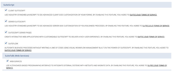 SuiteScript の有効化ページ
