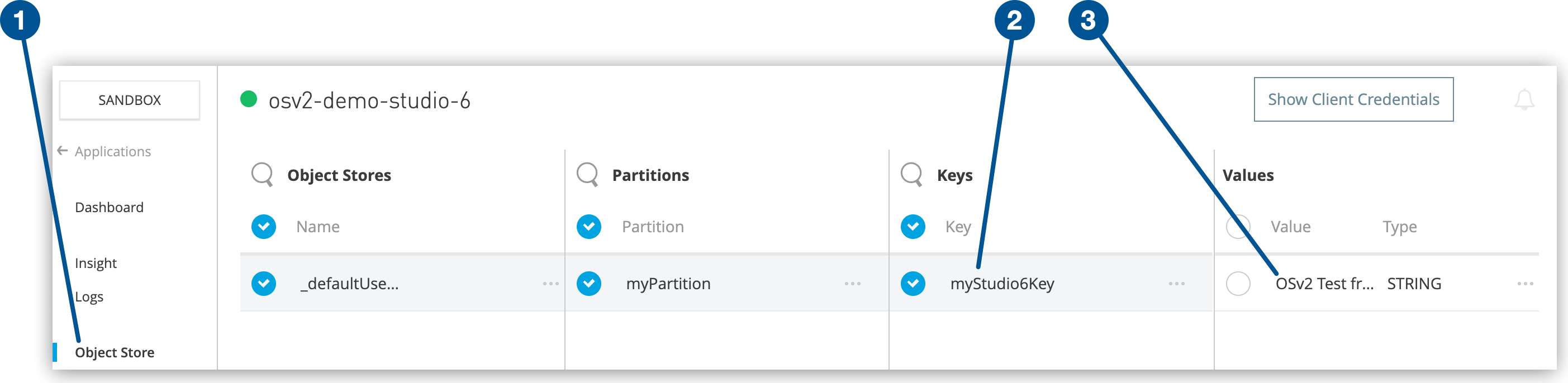 Runtime Manager の [Object Store (オブジェクトストア)] タブ、キー、値