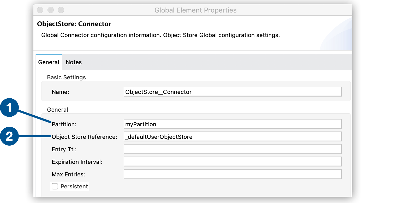 [Global Element Properties (グローバル要素のプロパティ)] ウィンドウの [Partition (パーティション)] 項目と [Object Store Reference (オブジェクトストア参照)] 項目