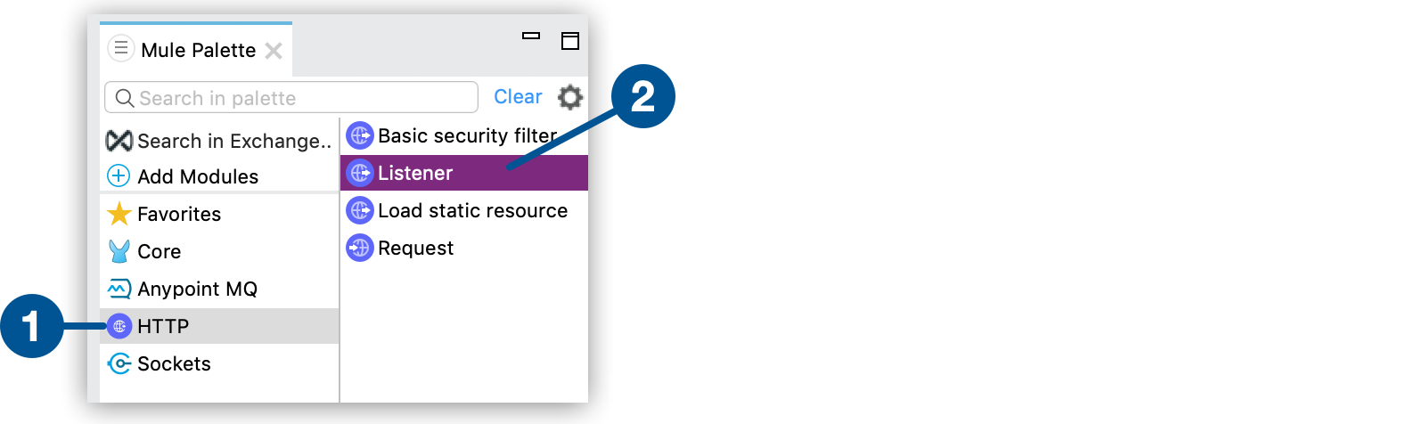[Mule Palette (Mule パレット)] ビューの HTTP Connector と Listener 操作