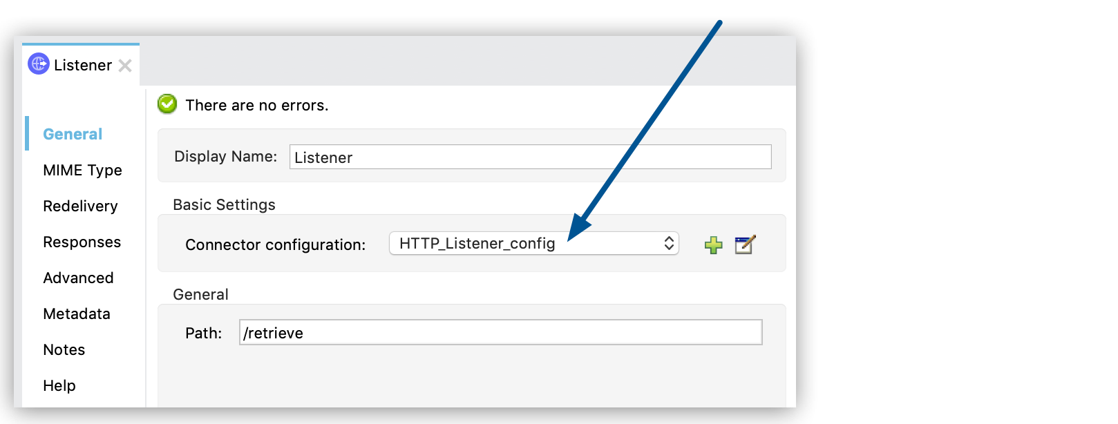 [Listener] プロパティウィンドウの [Connector configuration (コネクタ設定)] メニュー