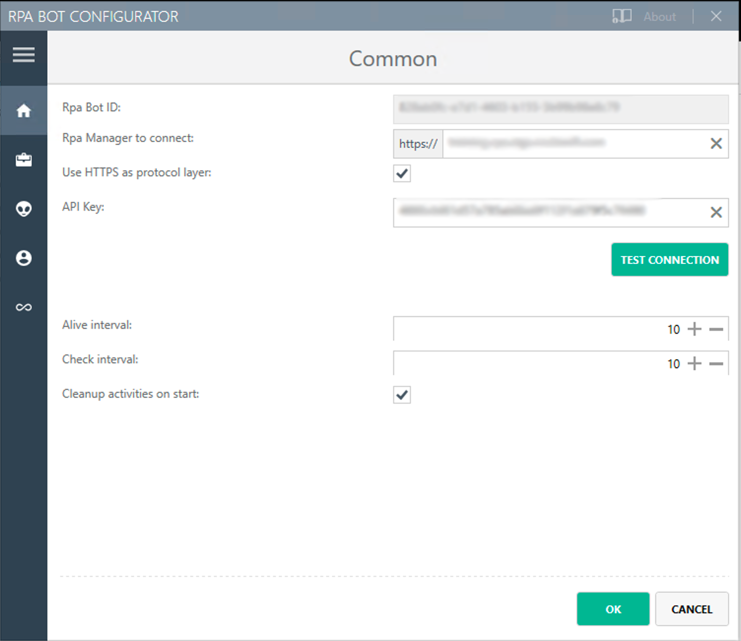 「Common (共通)」 設定パネルが表示されている RPA Bot コンフィグレーターアプリケーション