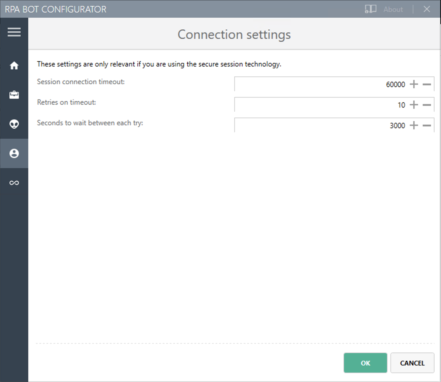 「Connection settings (接続設定)」 パネルが表示されている RPA Bot コンフィグレーターアプリケーション