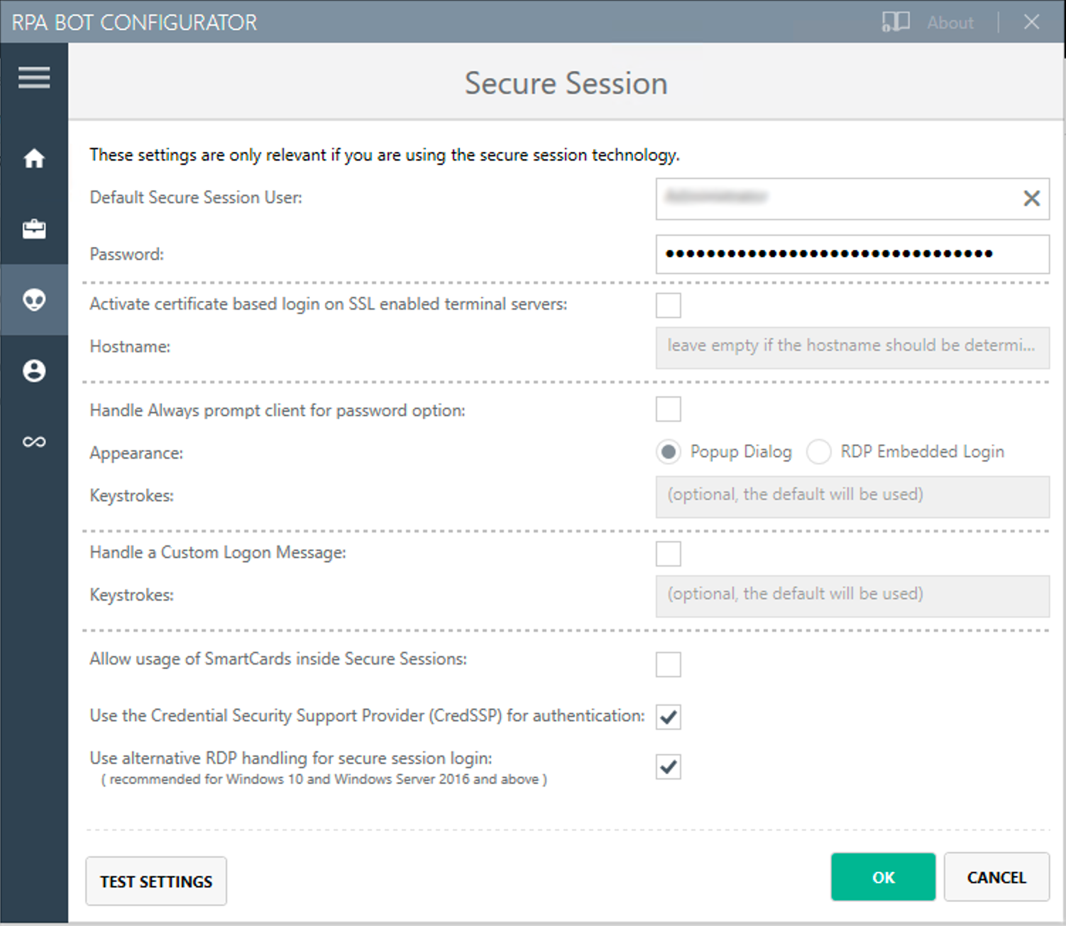 「Secure Session (セキュアセッション)」 設定パネルが表示されている RPA Bot コンフィグレーターアプリケーション