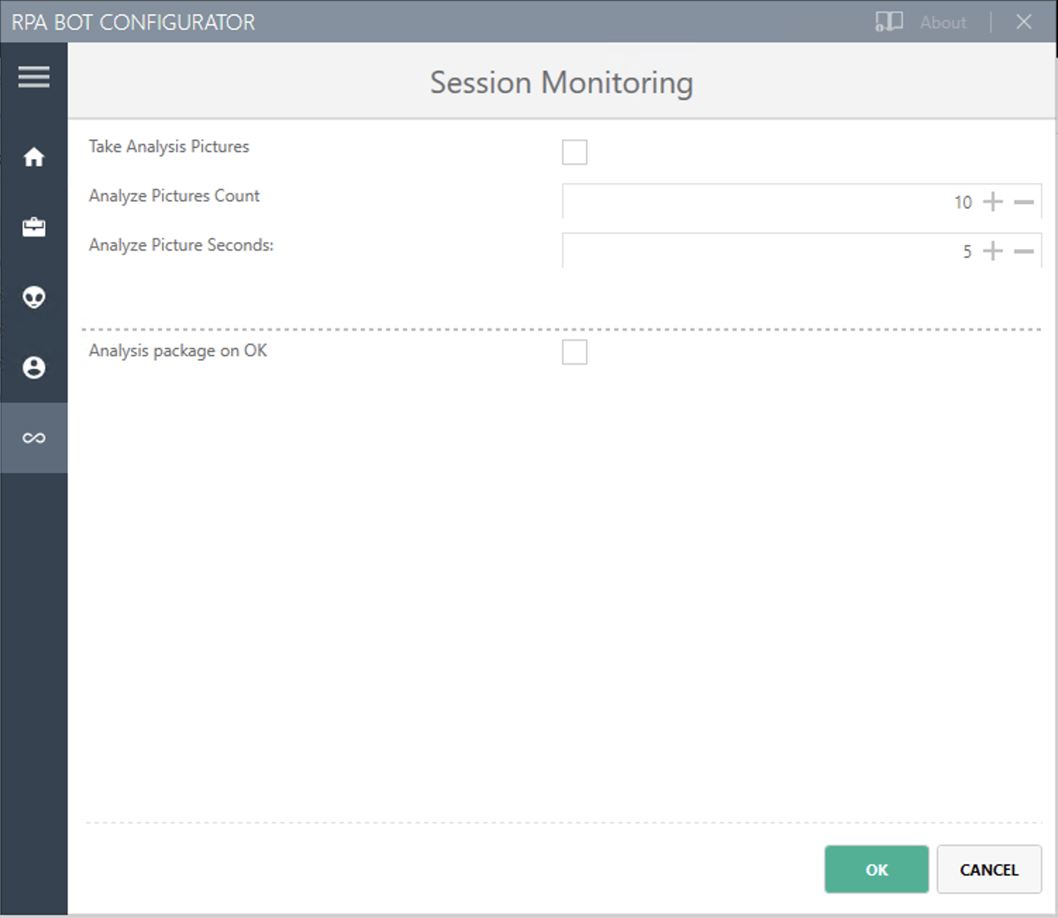 「Session Monitoring (セッション監視)」 設定パネルが表示されている RPA Bot コンフィグレーターアプリケーション