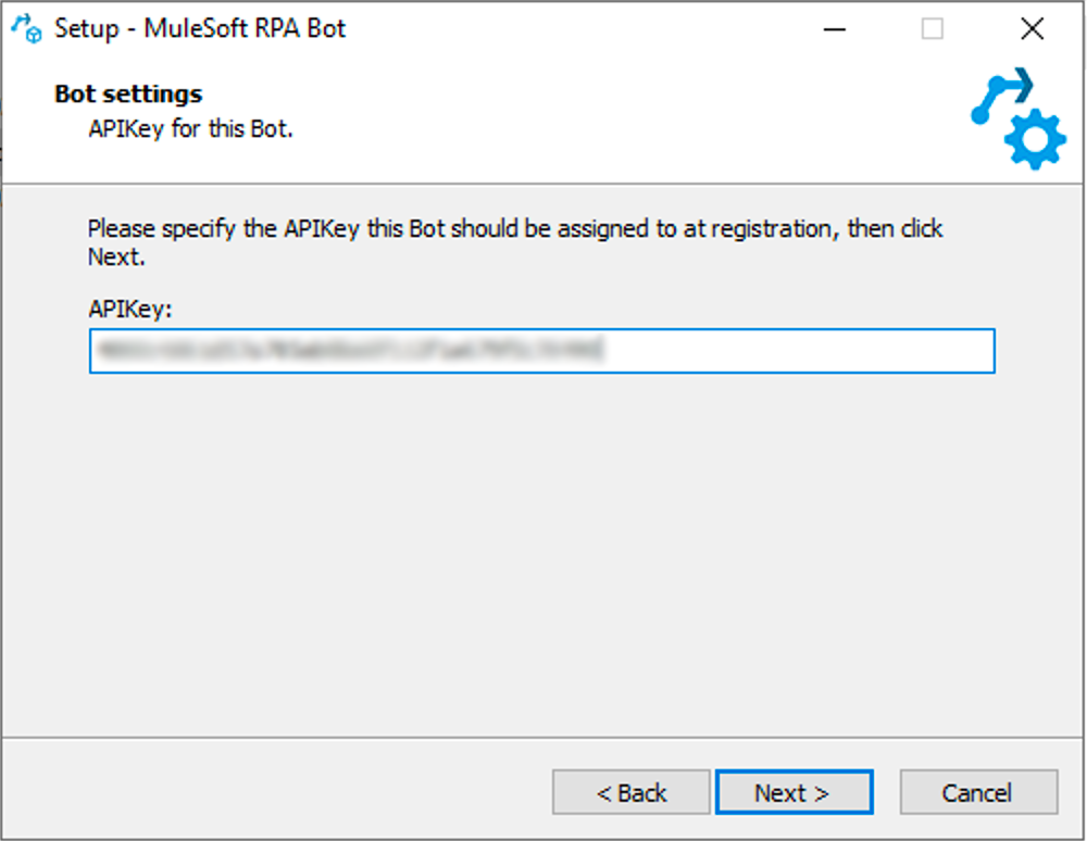 使用する APIKey を求める RPA Bot インストーラーウィンドウ