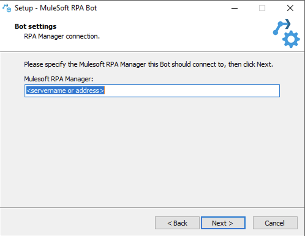 使用する RPA Manager のアドレスを求める RPA Bot インストーラーウィンドウ
