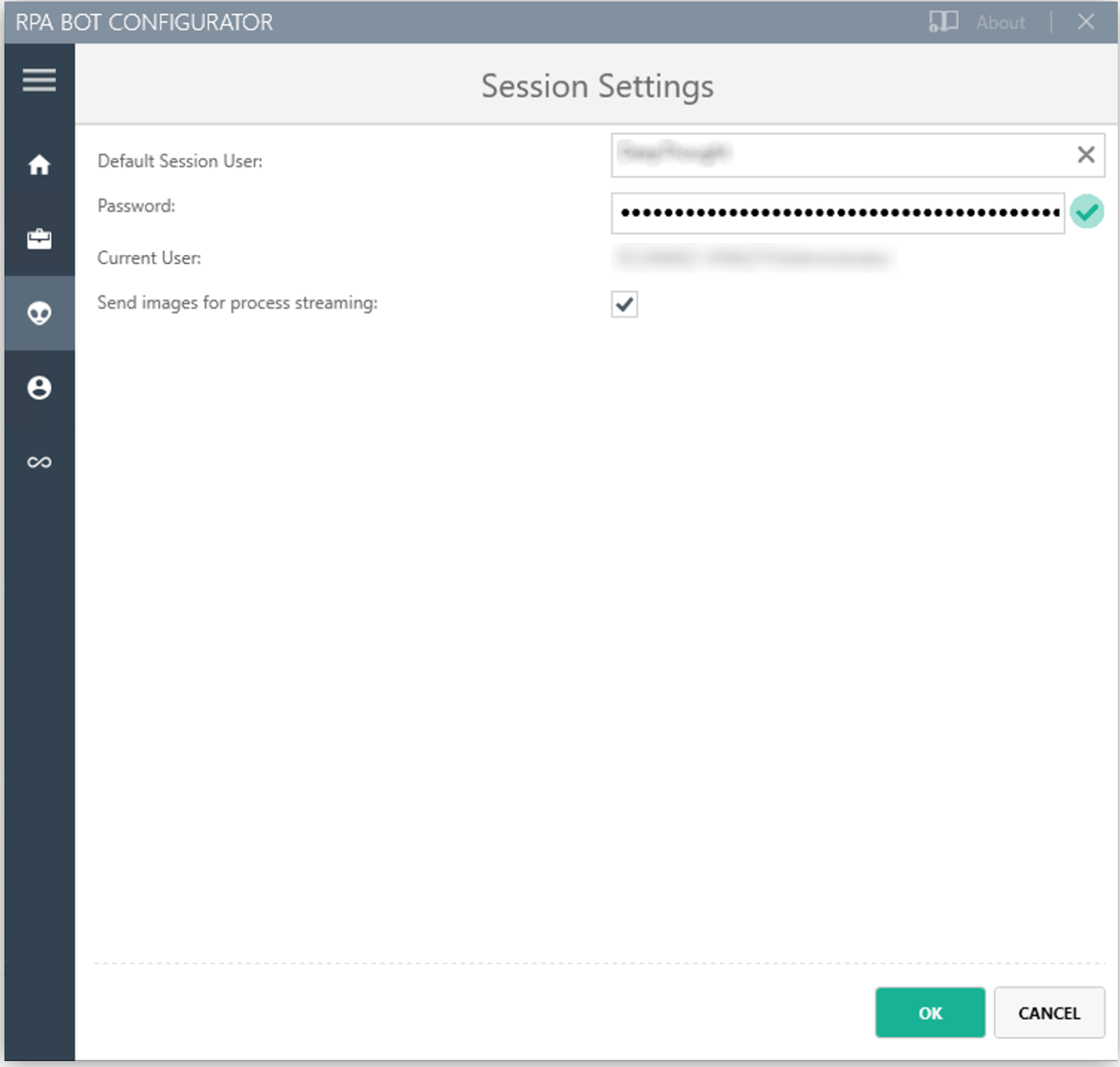「Secure Session (セキュアセッション)」 設定パネルが表示されている RPA Bot コンフィグレーターアプリケーション