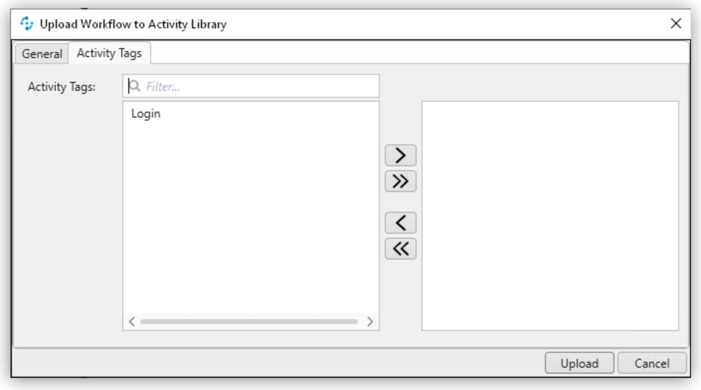 アクティビティタグが表示されている [Upload Workflow to Activity Library (アクティビティライブラリにワークフローをアップロード)] ウィンドウ