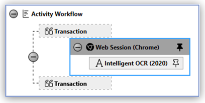 「Intelligent OCR (2020) (インテリジェント OCR (2020))」 要素が含まれる 「Activity Workflow (アクティビティワークフロー)」 セクション