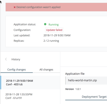 Runtime Manager UI の Mule アプリケーションの設定を適用できなかった状況