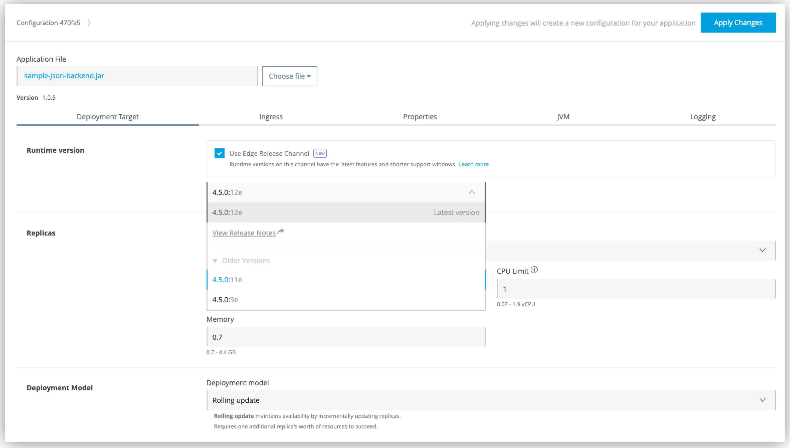 Mule Edge リリースドロップダウンウィンドウが表示された Runtime Manager UI