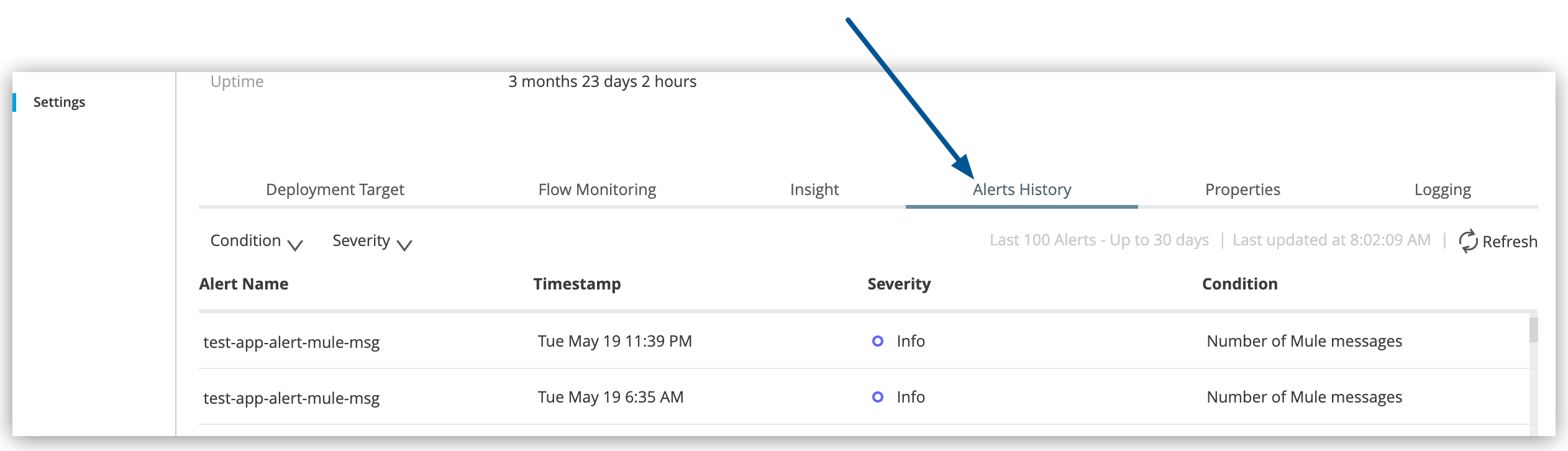 「Settings (設定)」 ページの 「Alerts History (アラート履歴)」 タブ