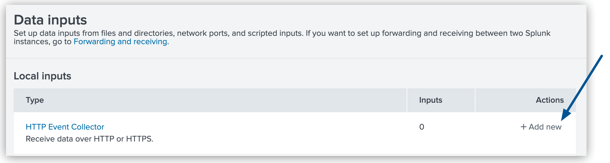 「Splunk Data Inputs (Splunk データ入力)」 ページの HTTP イベントコレクターの 「Add new (新規追加)」 オプション