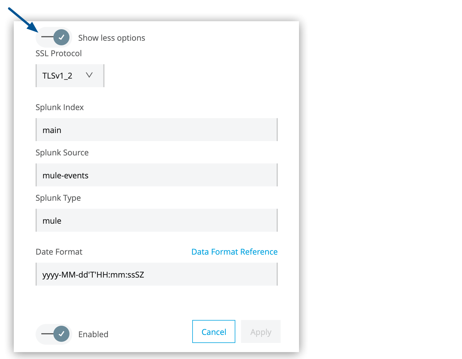 Splunk 設定ウィンドウで展開されたオプション