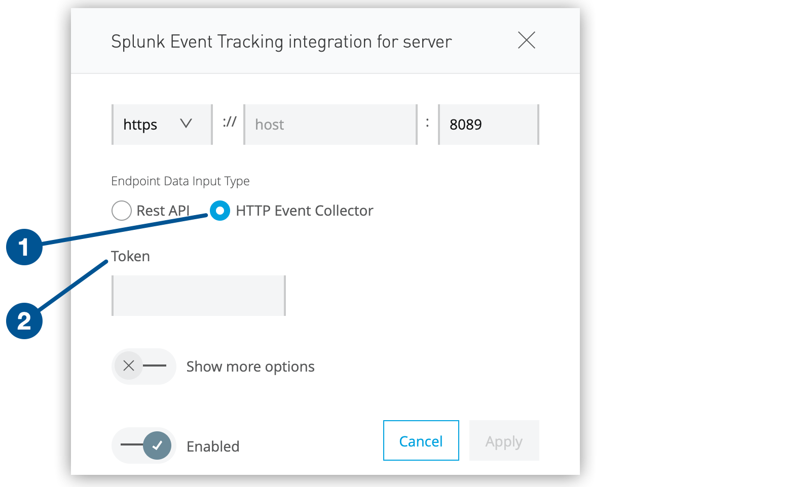 Splunk 設定ウィンドウの 「HTTP Event Collector (HTTP イベントコレクター)」 オプションと 「Token (トークン)」 項目