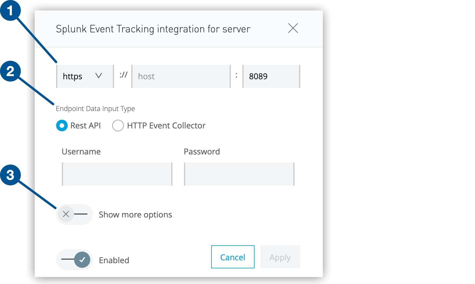 Splunk 設定ウィンドウのプロトコルオプション、データ入力種別、「Show more options (その他のオプションを表示)」 スイッチ