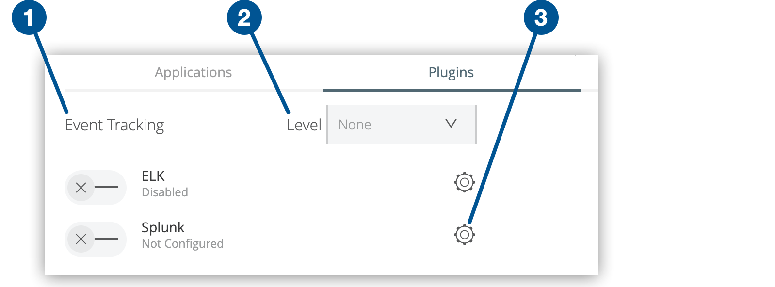 「Event Tracking (イベント追跡)」 オプション、「Level (レベル)」 メニュー、「Plugins (プラグイン)」 タブの歯車アイコン。