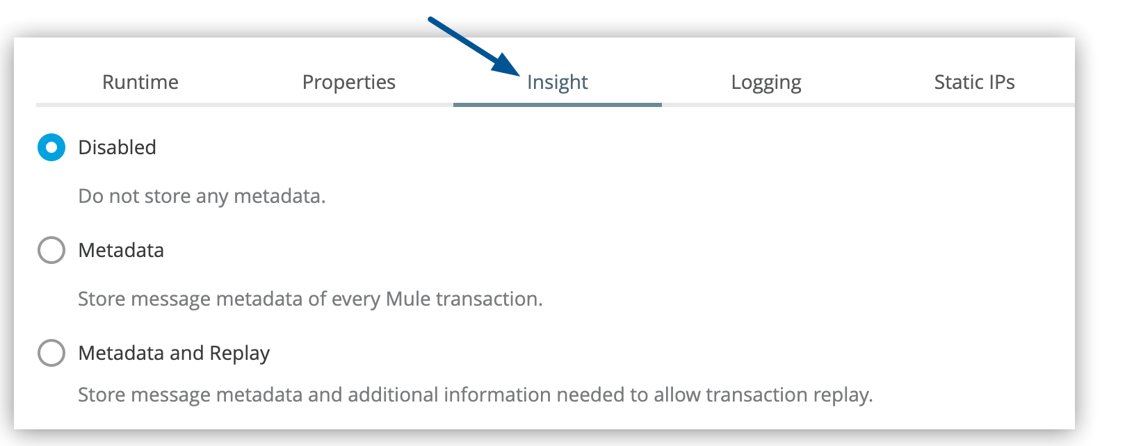 「Settings (設定)」 ページの 「Insight (インサイト)」 タブ