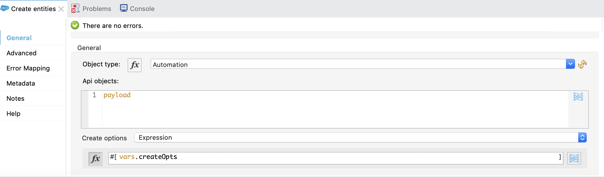 値が指定されている [Create options (オプションを作成)] 項目