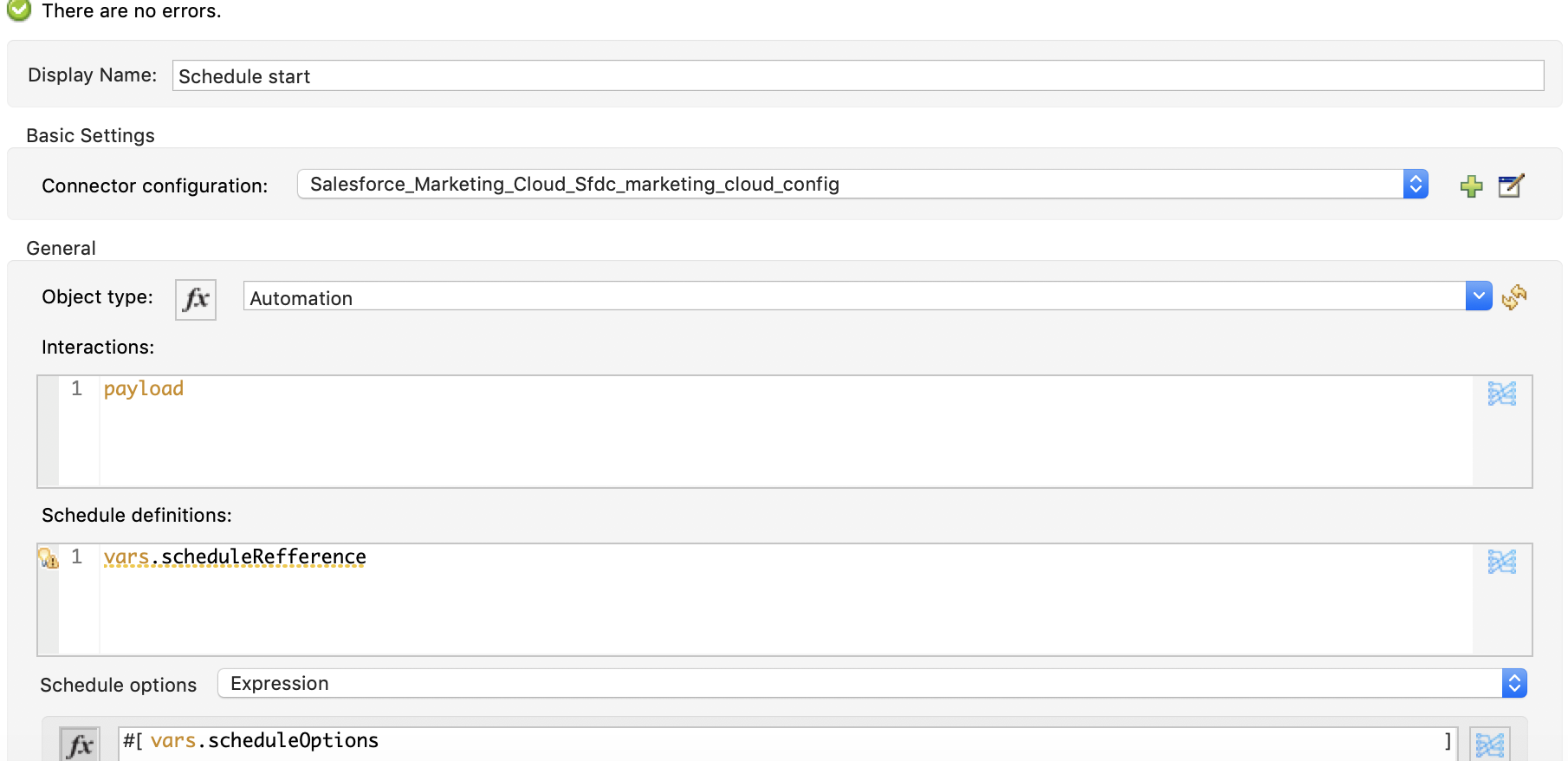 Schedule Start の自動化の設定ウィンドウ
