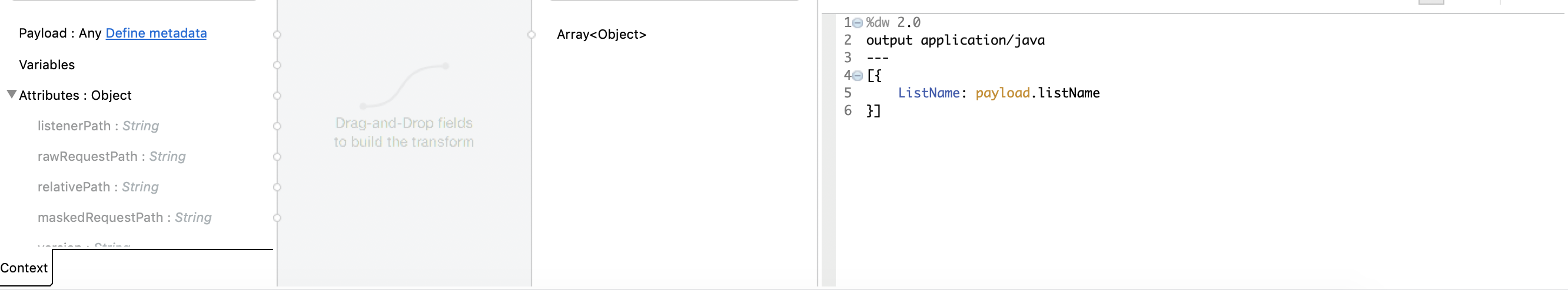 設定前の Transform message のウィンドウ