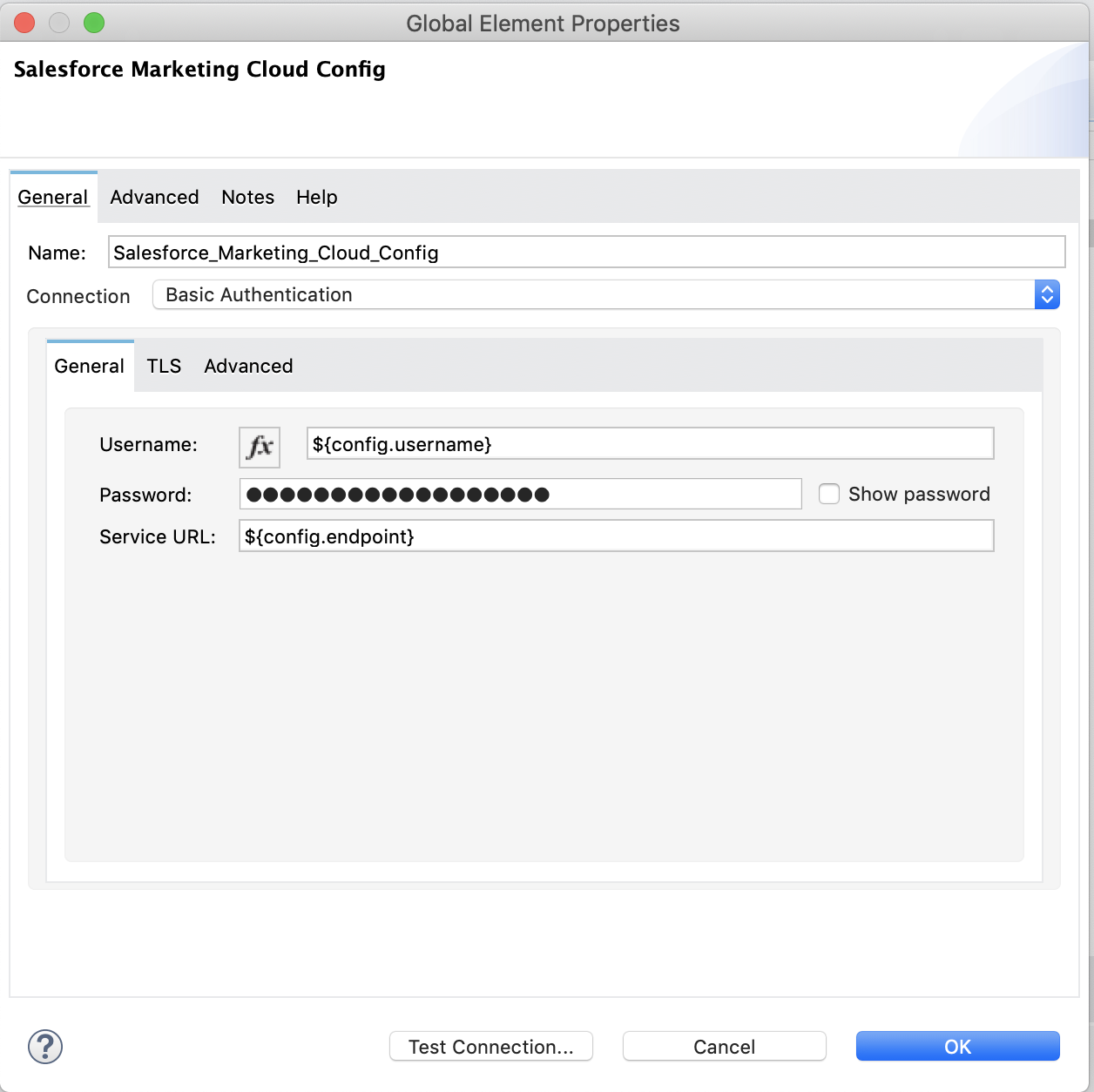 基本認証の [Global Element Properties (グローバル要素プロパティ)] ウィンドウ