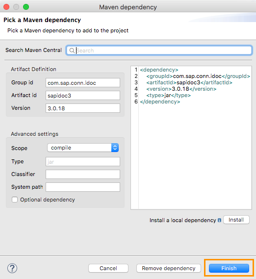[Maven dependency (Maven 連動関係)] ウィンドウの [Finish (完了)] ボタン