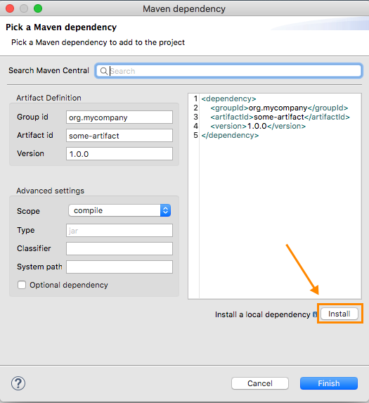 [Maven dependency (Maven 連動関係)] ウィンドウの [Install (インストール)] ボタン