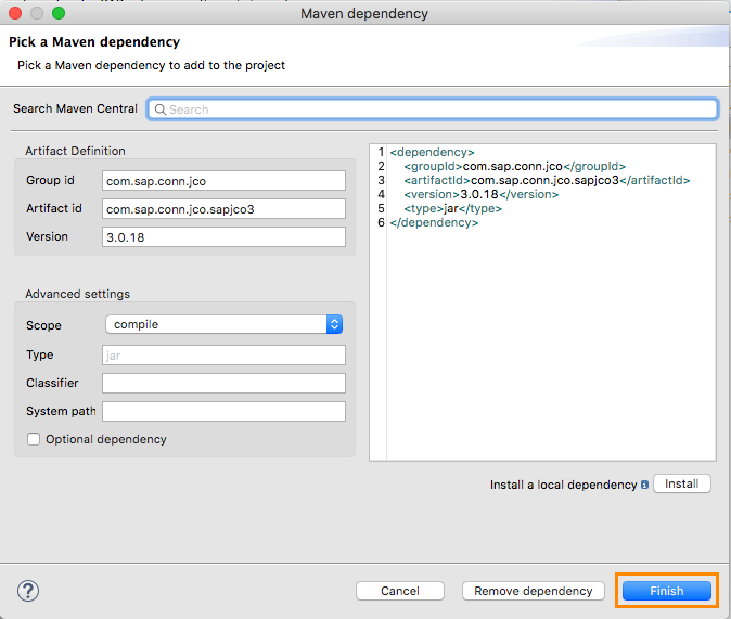 [Maven dependency (Maven 連動関係)] ウィンドウの [Finish (完了)] ボタン