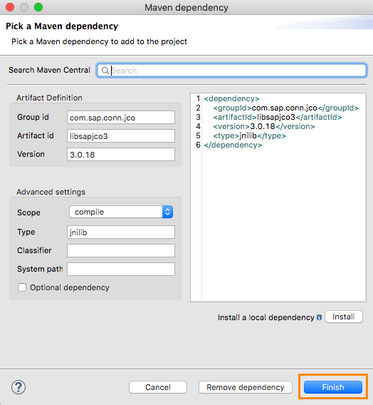 [Maven dependency (Maven 連動関係)] ウィンドウの [Finish (完了)] ボタン