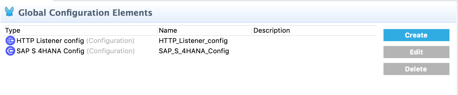 [Create (作成)] ボタンが含まれる [Global Configuration Elements (グローバル設定要素)] 画面