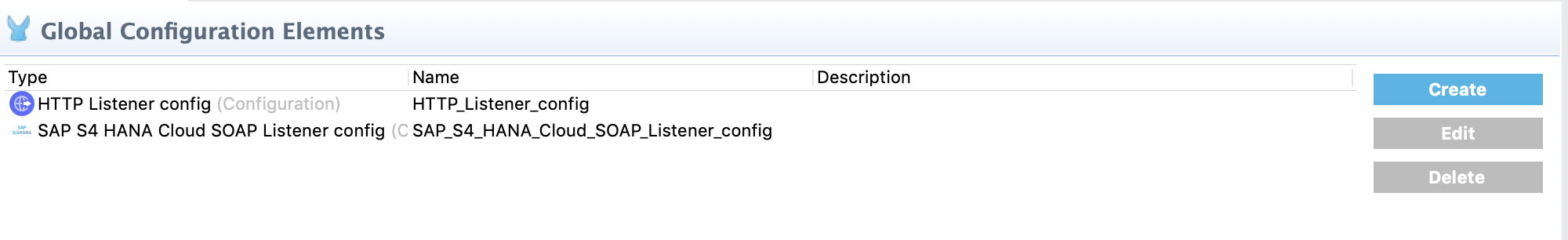 [Create (作成)] ボタンが含まれる [Global Configuration Elements (グローバル設定要素)] 画面