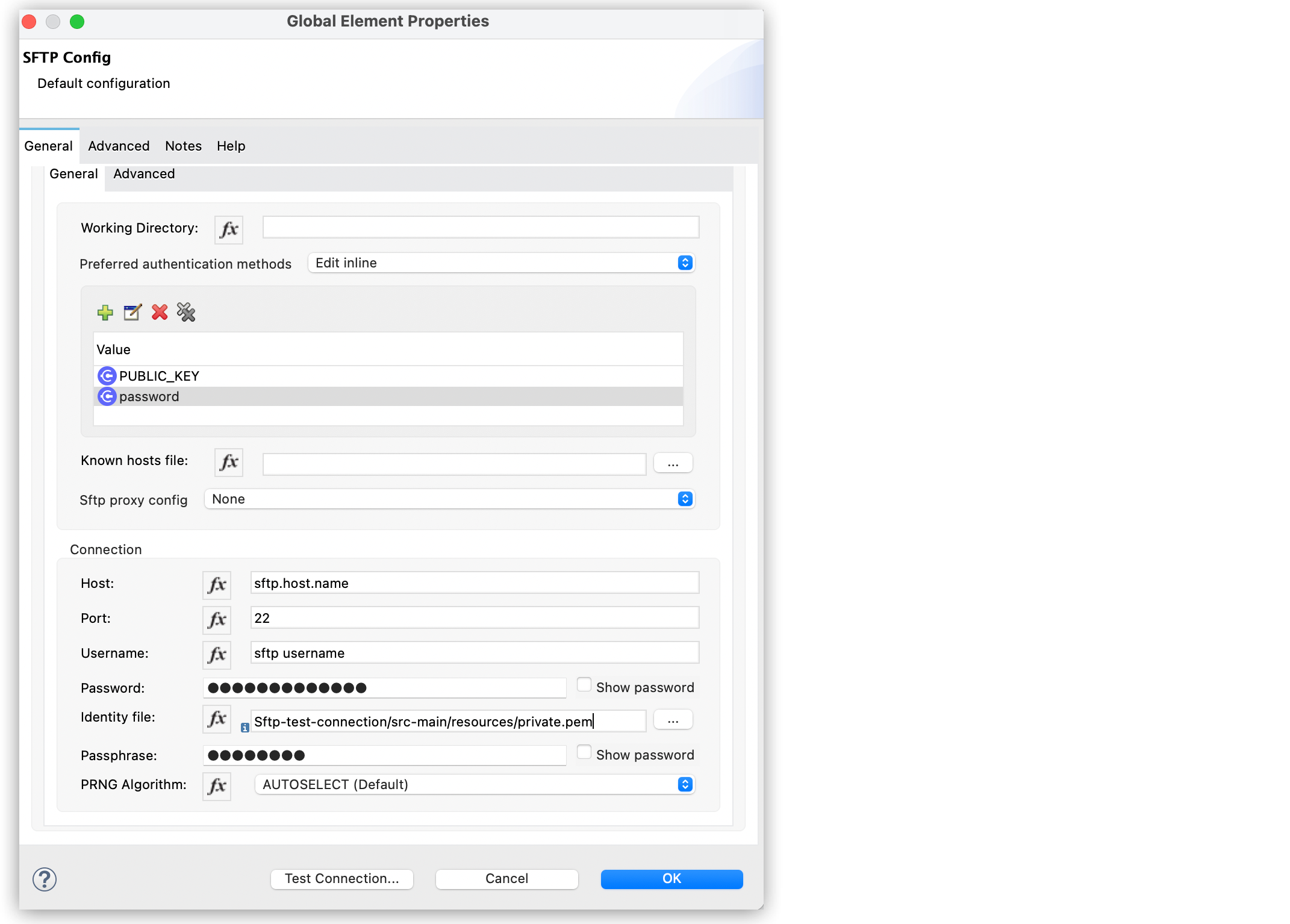 SFTP Connector の公開キーの [Global Element Configuration (グローバル要素設定)]