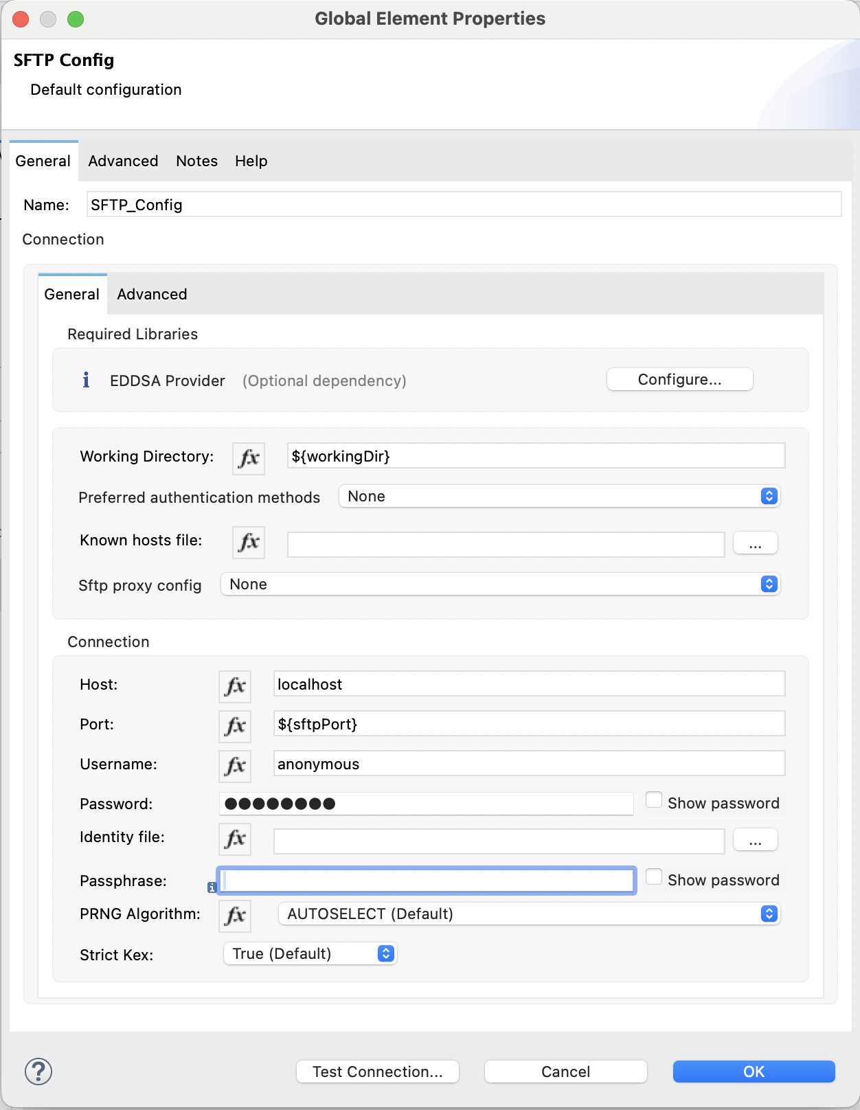 SFTP Connector の [Global Element Configuration (グローバル要素設定)]