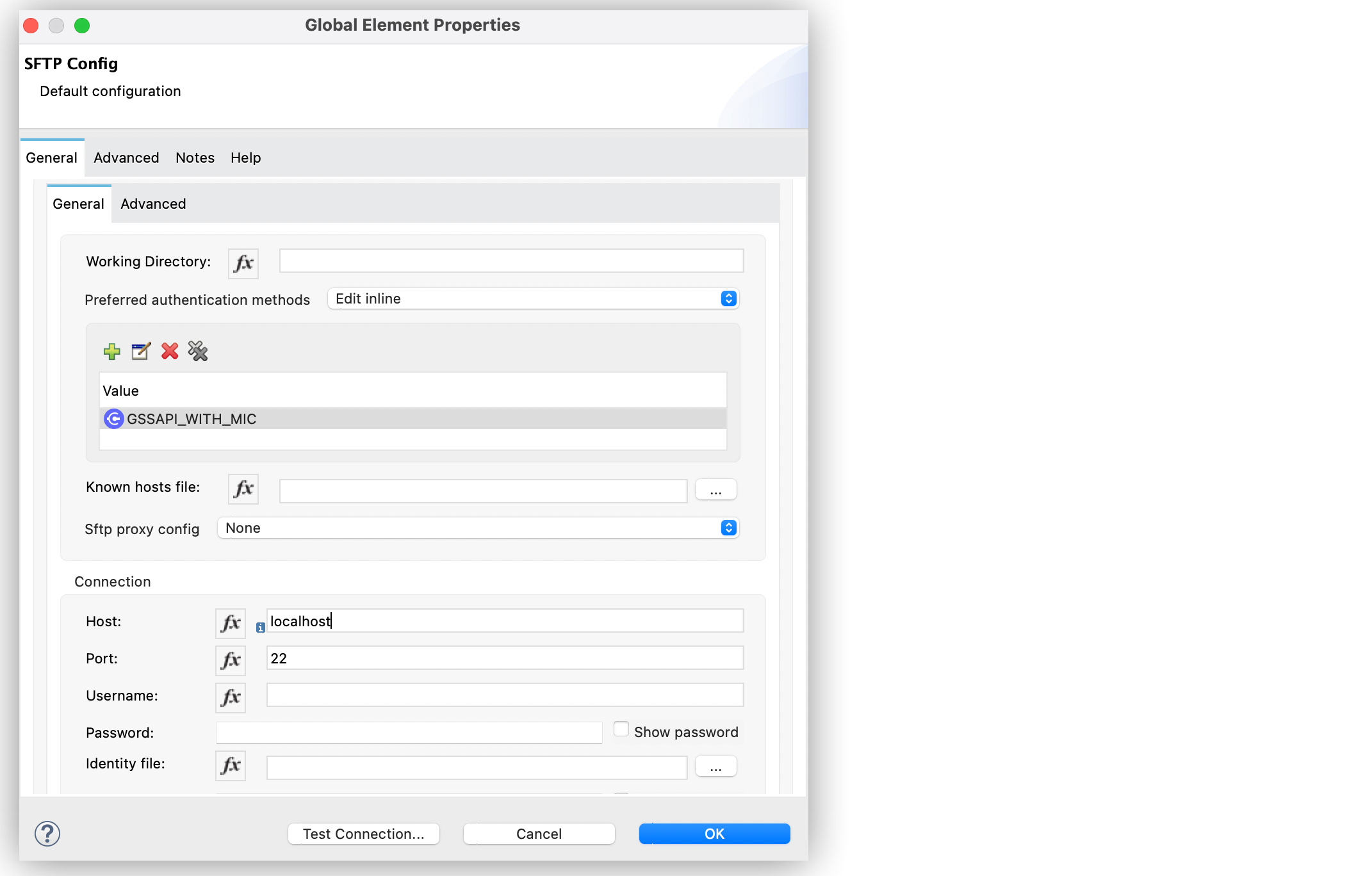 優先する認証項目が GSSAPI_WITH_MIC SFTP に設定されている SFTP 設定