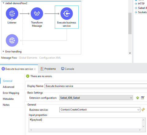 Execute business service 操作のプロパティウィンドウ