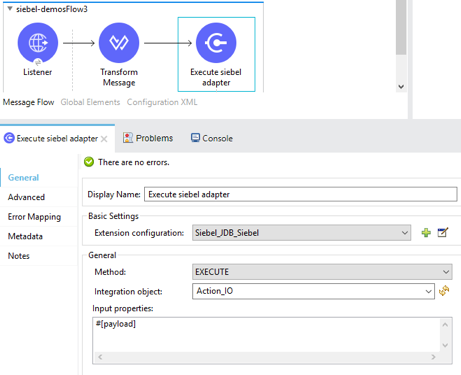 Execute siebel adapter 操作のプロパティウィンドウ