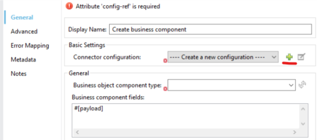 新しい設定を作成するためのプロパティウィンドウ内のプラス記号