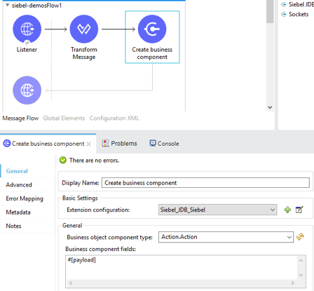 Create business component 操作のプロパティウィンドウ