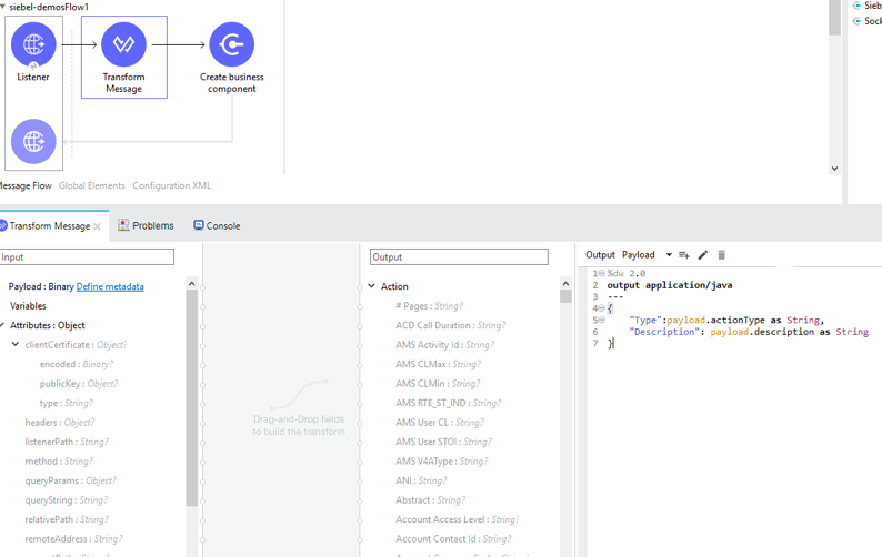 入力ペイロード設定を含む [Transform Message (メッセージ変換)] プロパティウィンドウ