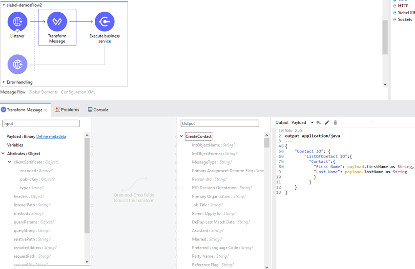 入力ペイロード設定を含む [Transform Message (メッセージ変換)] プロパティウィンドウ