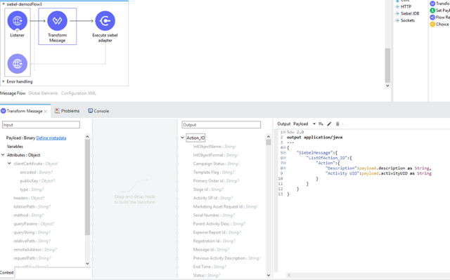入力ペイロード設定を含む [Transform Message (メッセージ変換)] プロパティウィンドウ