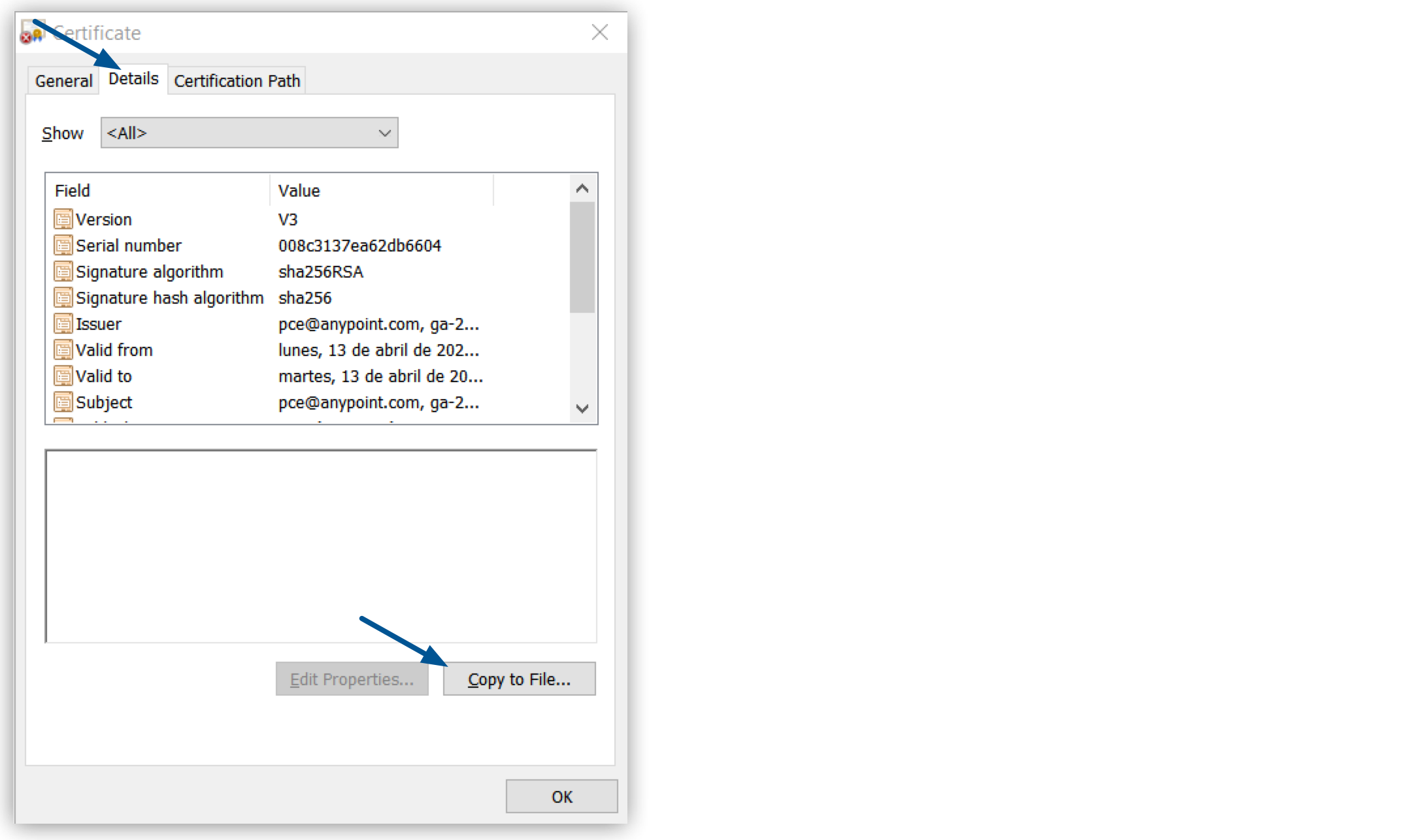 [Certificate (証明書)] ウィンドウで強調表示された [Details (詳細)] タブと [Copy to File (ファイルにコピー)] ボタン。