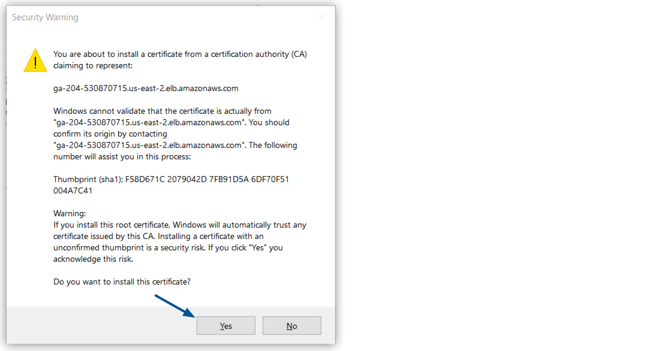 [Security Warning (セキュリティ警告)] ウィンドウで強調表示された [Yes (はい)] ボタン。