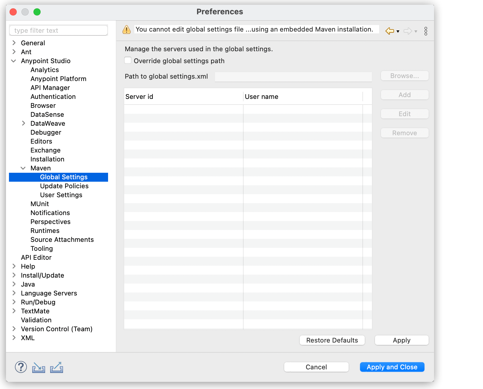 “Studio 設定プリファレンスウィンドウで強調表示された *[Global Settings (グローバル設定)]* オプション。”