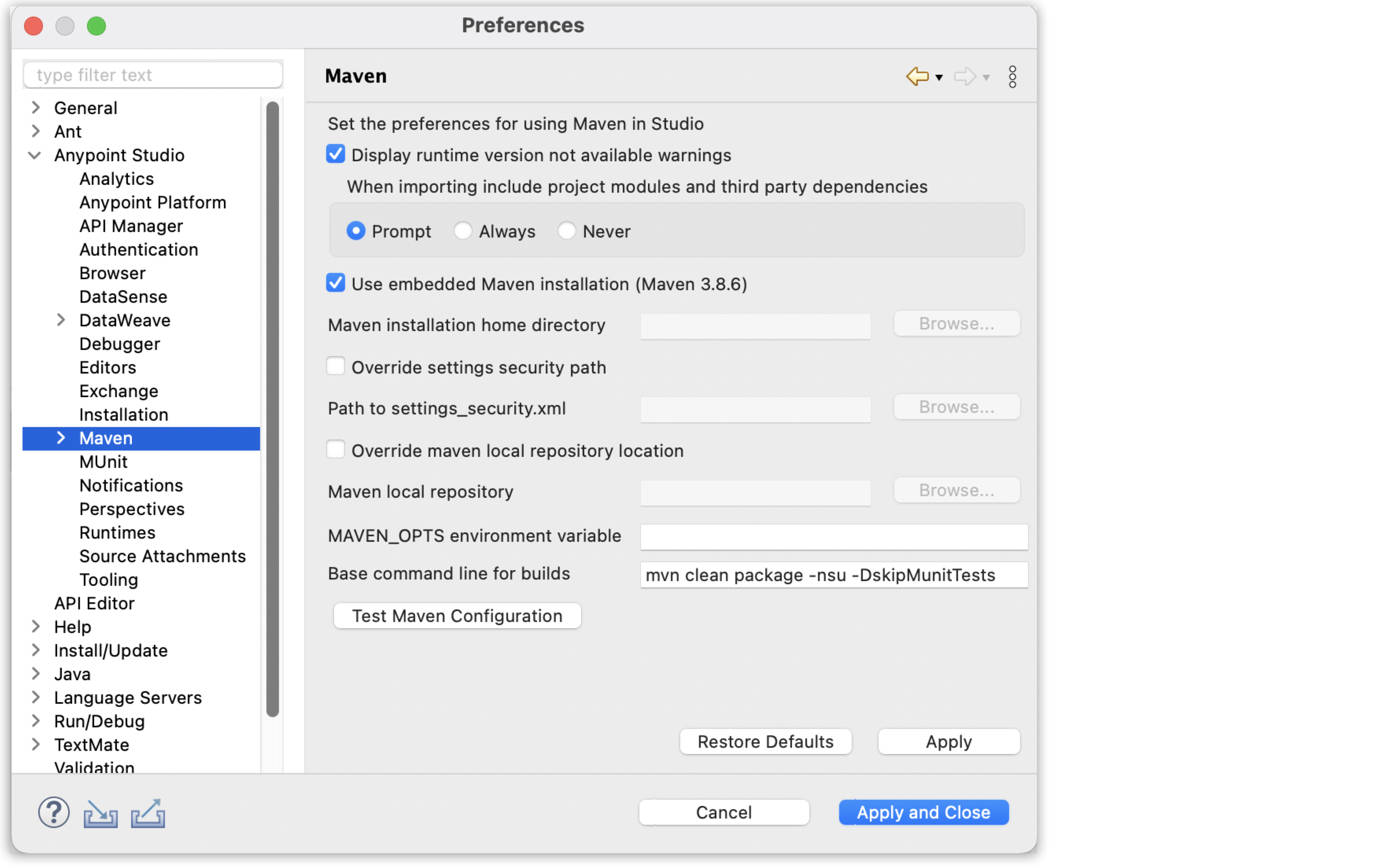 *Anypoint Studio* メニューの *Settings…​ (設定…​)*オプションでアクセスする *Maven Preferences Reference (Maven プリファレンスリファレンス)* ウィンドウ。