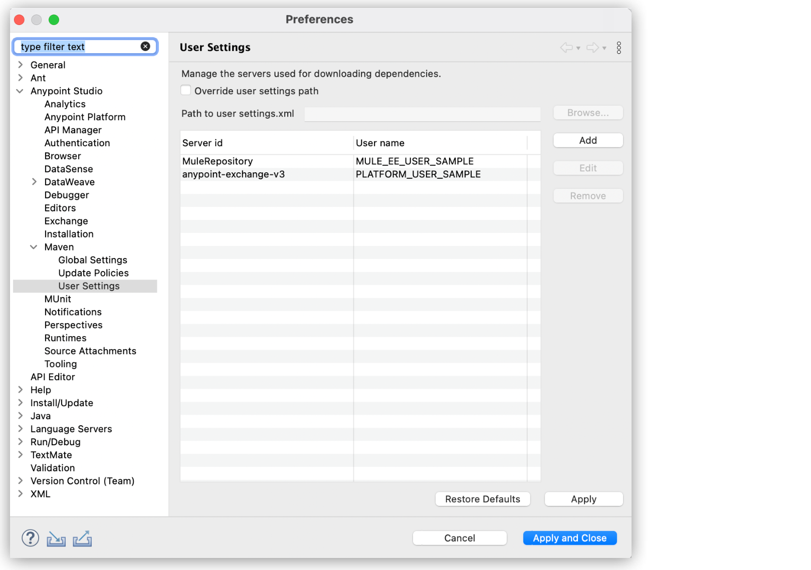 “Studio 設定プリファレンスウィンドウで強調表示された *[User Settings (ユーザー設定)]* オプション。”